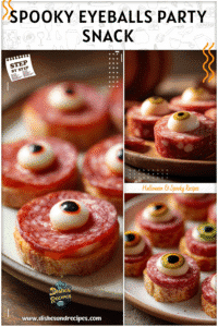 Eyeball-shaped snack made with salami and mozzarella on a serving plate